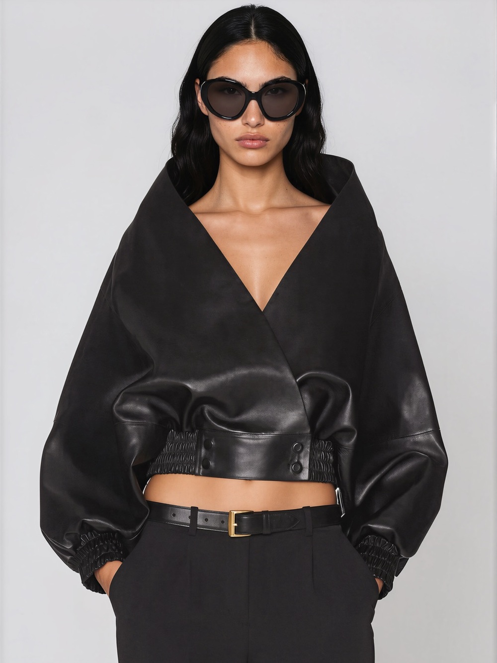 Black Lambskin Leather Sculptural Cropped Bomber Jacket SMALL like helsa Khaite